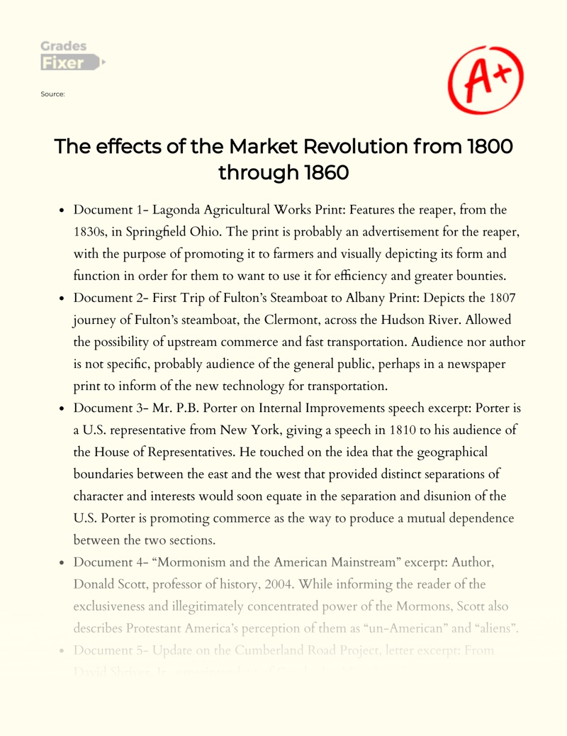The Effects of The Market Revolution from 1800 Through 1860 essay
