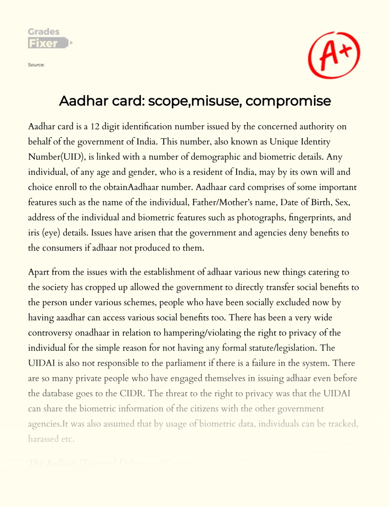 Aadhar Card: Scope, Misuse and Compromise Essay