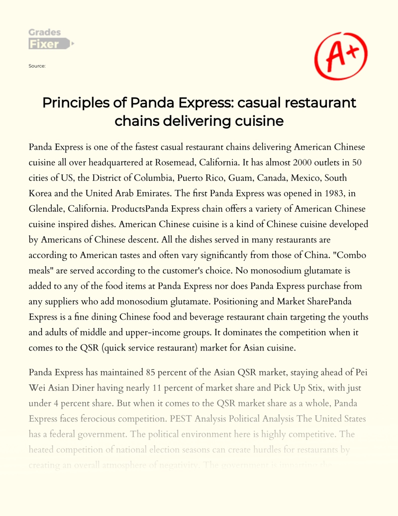 Principles of Panda Express: Casual Restaurant Chains Delivering Cuisine essay