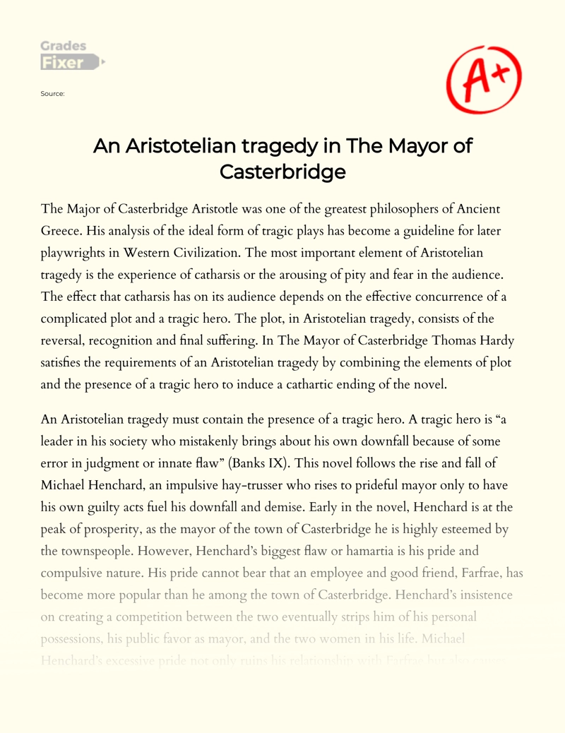 An Aristotelian Tragedy in The Mayor of Casterbridge  Essay