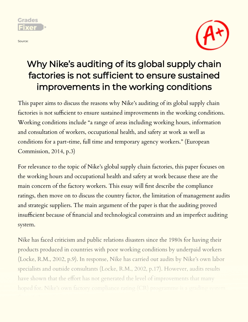 Why Nike’s Auditing of Its Global Supply Chain Factories is not Sufficient to Ensure Sustained Improvements in The Working Conditions essay