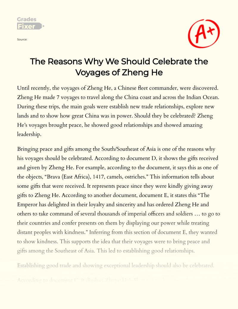 The Reasons Why We Should Celebrate The Voyages of Zheng He essay