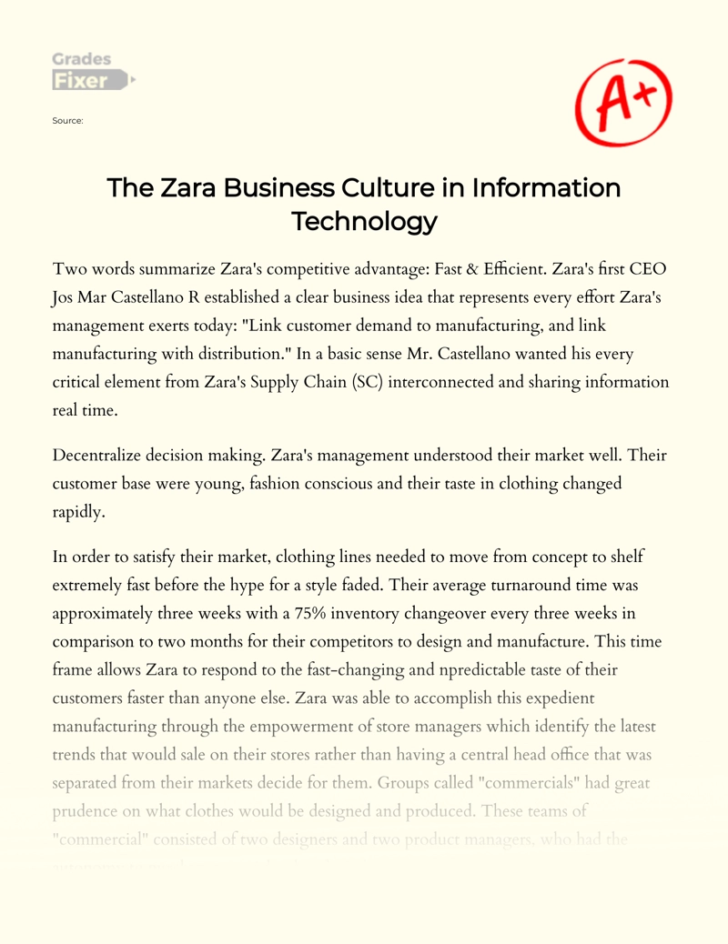 The Zara Business Culture in Information Technology Essay