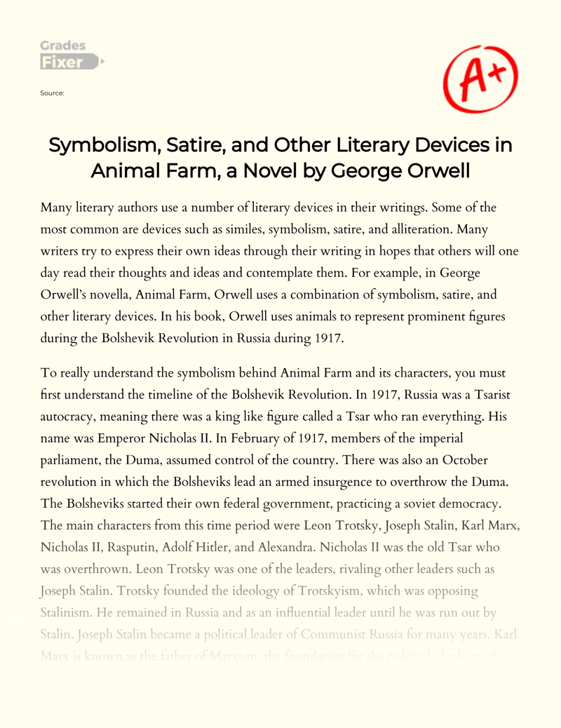 Symbolism, Satire, and Other Literary Devices in Animal Farm, a Novel by George Orwell essay