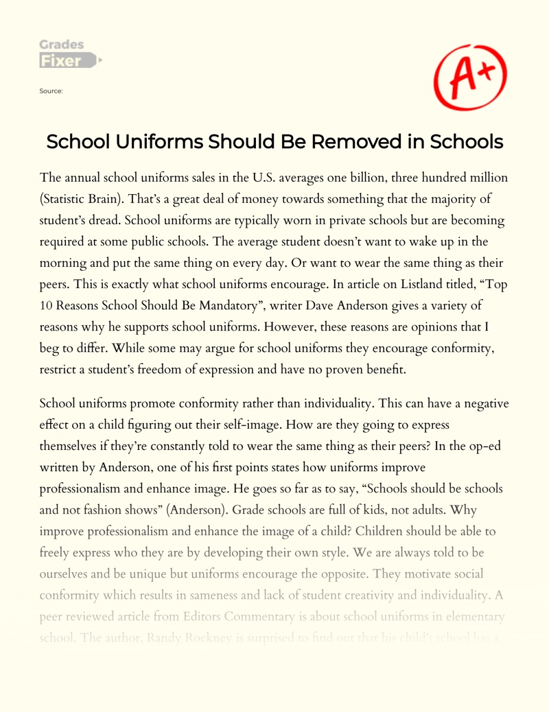 School Uniforms Should Be Removed in Schools Essay
