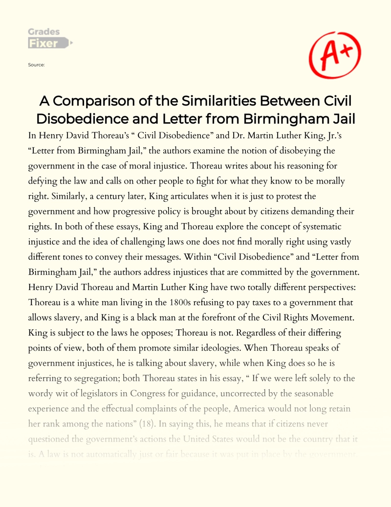 A Comparison of "Civil Disobedience" and "Letter from Birmingham Jail" Essay