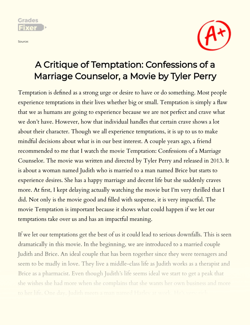 A Critique of Temptation: Confessions of a Marriage Counselor, a Movie by Tyler Perry essay
