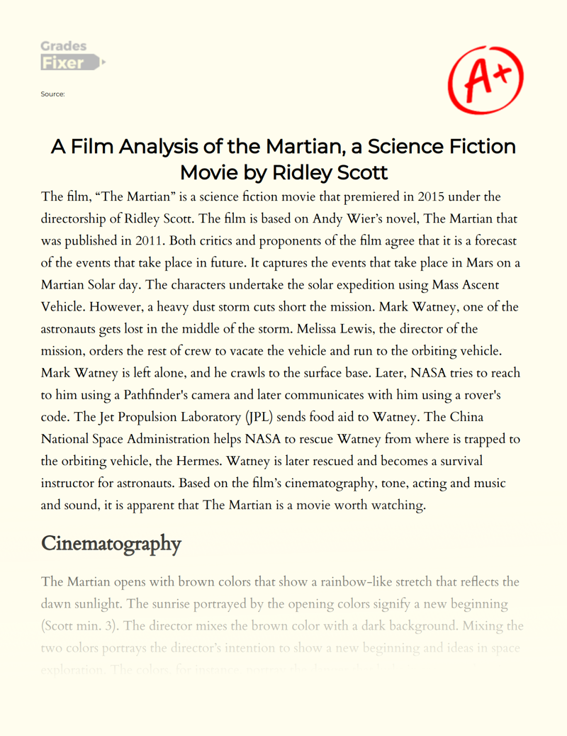 A Film Analysis of The Martian, a Science Fiction Movie by Ridley Scott Essay