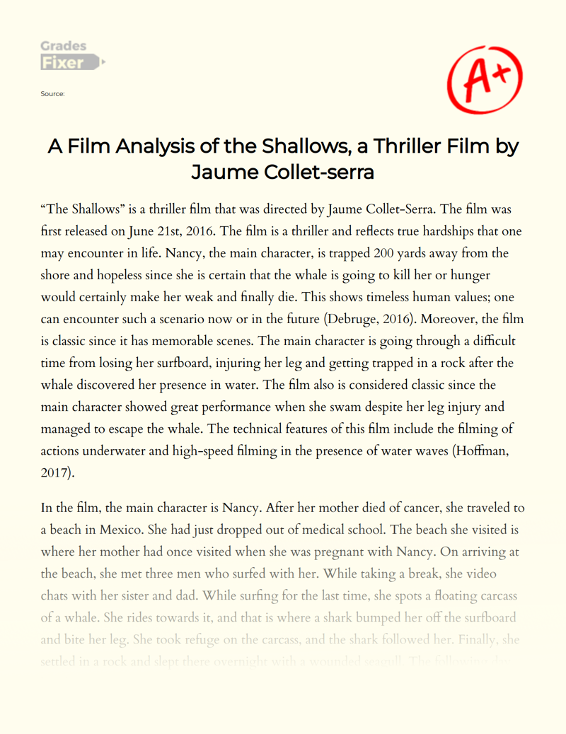 A Film Analysis of The Shallows, a Thriller Film by Jaume Collet-serra Essay