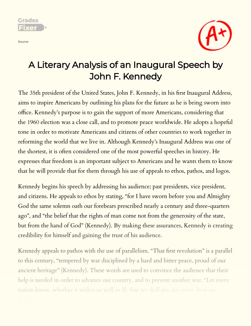 A Literary Analysis of an Inaugural Speech by John F. Kennedy Essay
