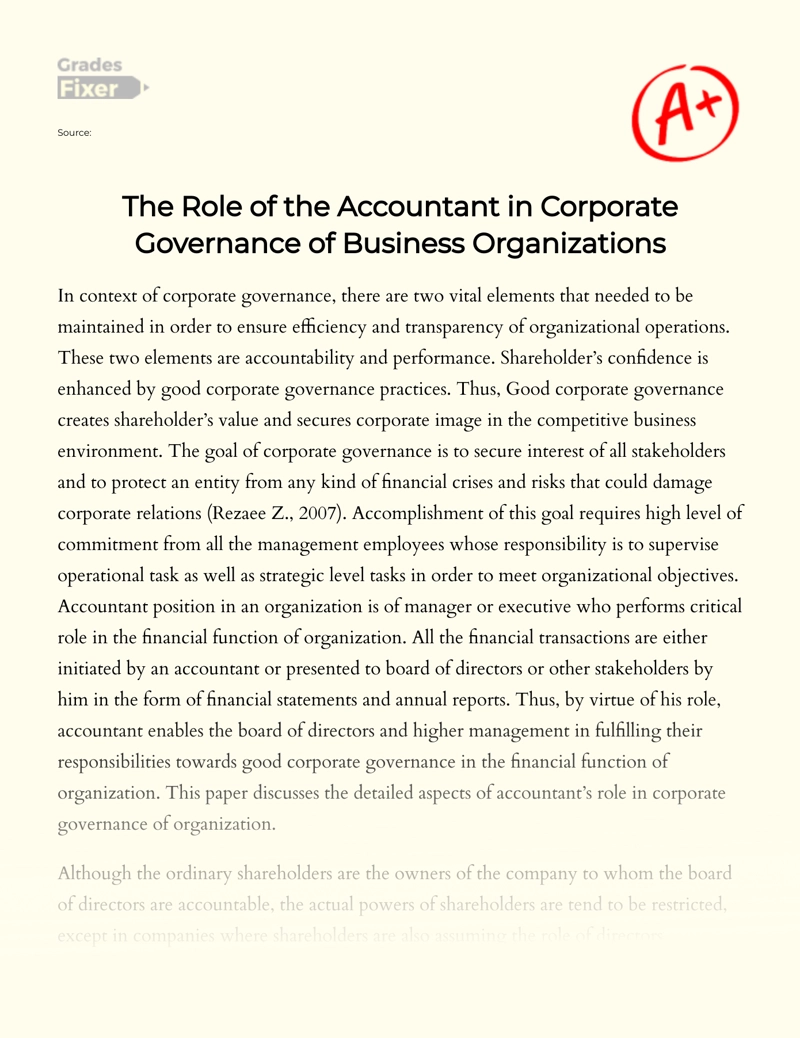 The Role of The Accountant in Corporate Governance of Business Organizations essay
