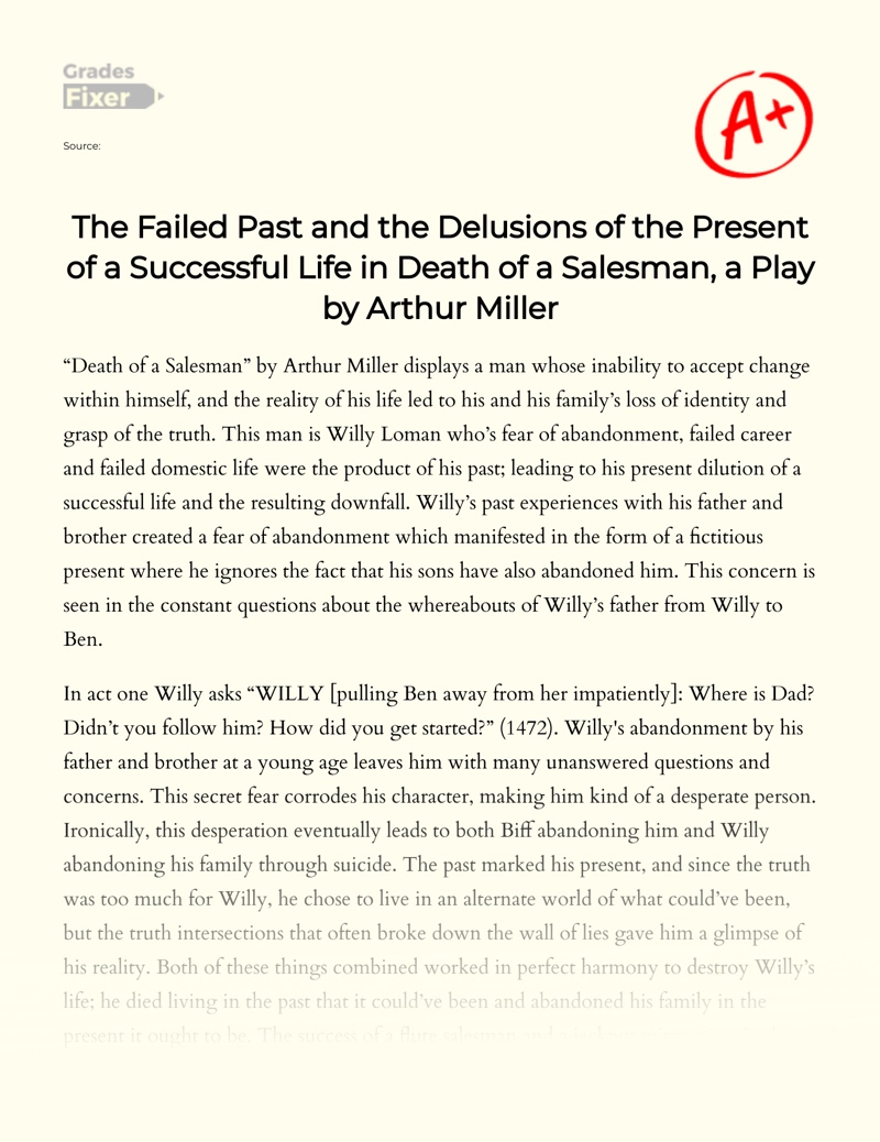 The Failed Past and The Delusions of The Present of a Successful Life in Death of a Salesman, a Play by Arthur Miller Essay