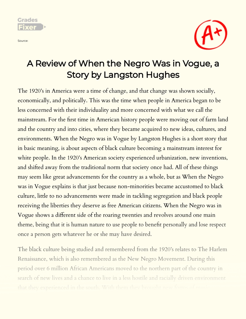 Langston Hughes' When The Negro Was in Vogue: Summary and Review  Essay