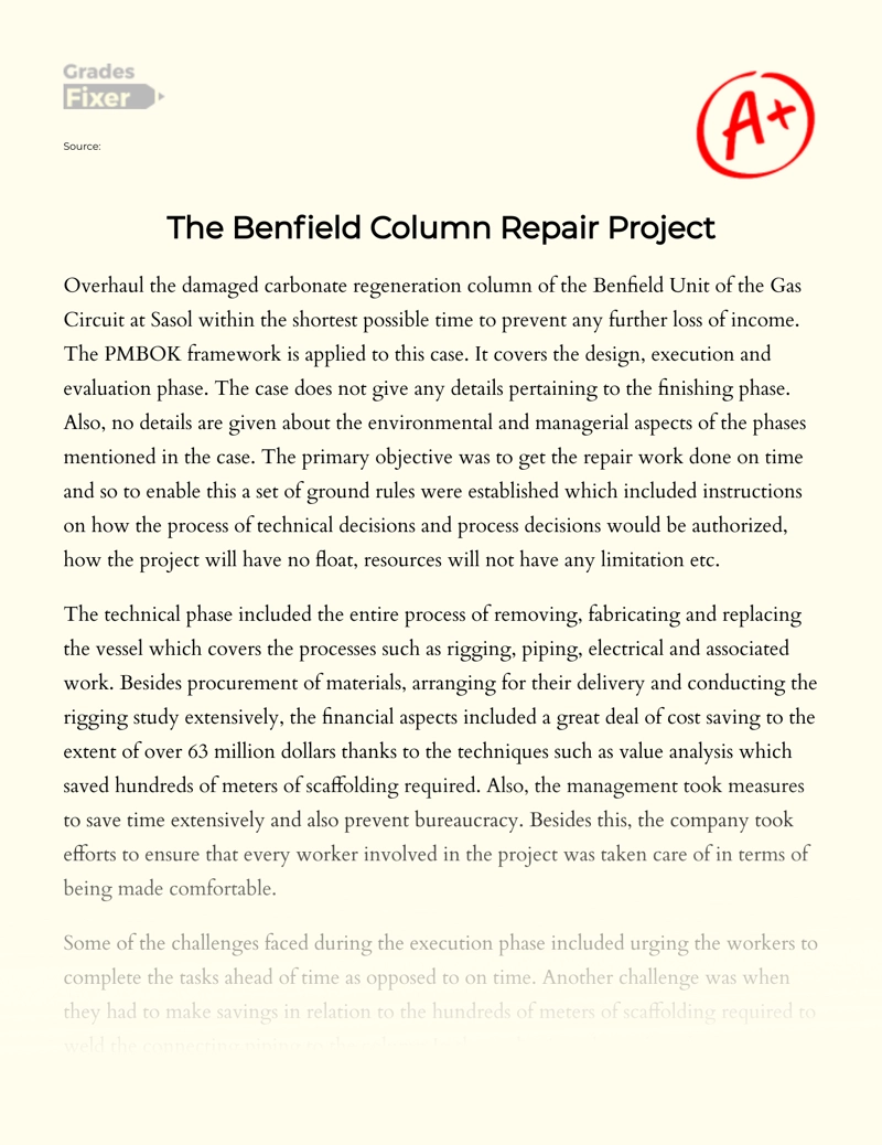 The Benfield Column Repair Project essay