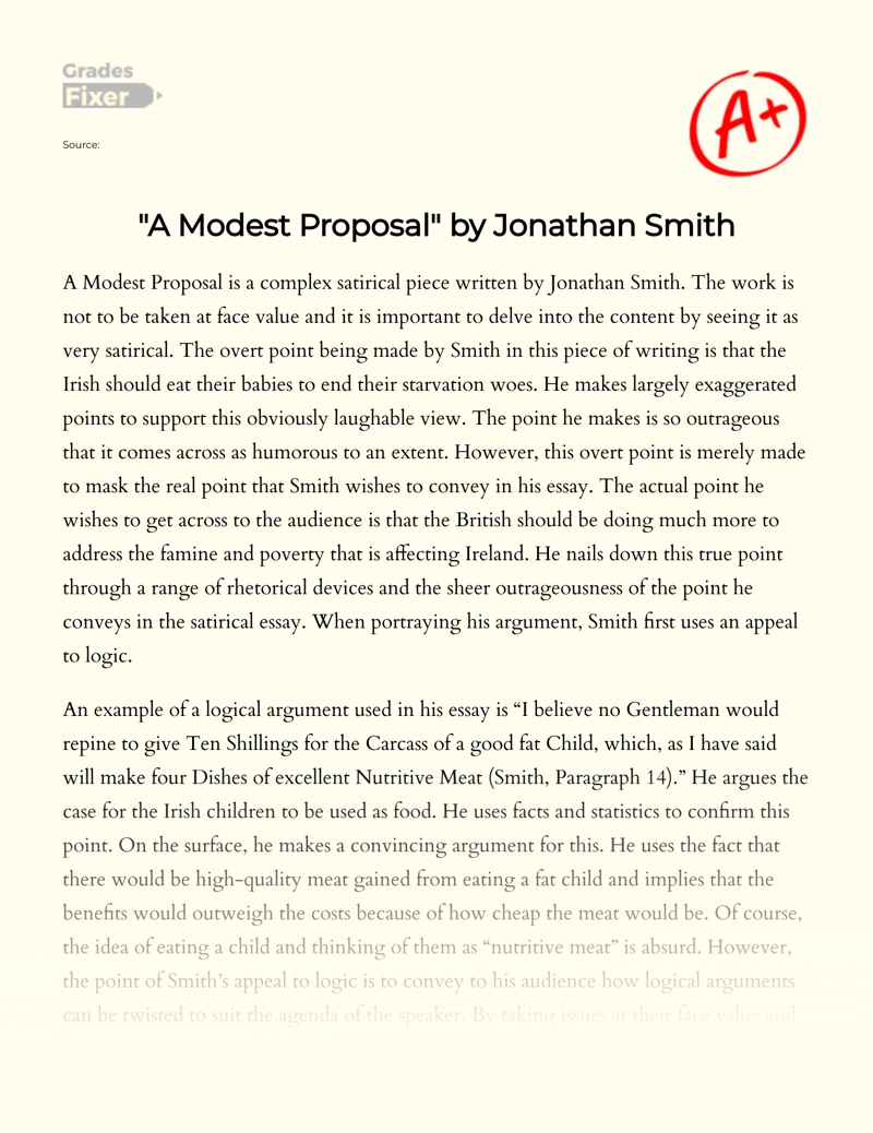 Swift's Arguments in "A Modest Proposal" Essay
