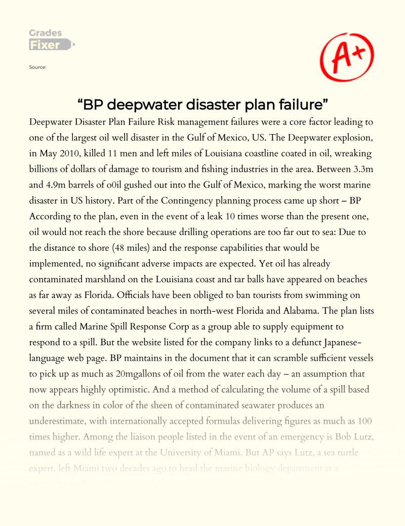 "Bp Deepwater Disaster Plan Failure" Essay