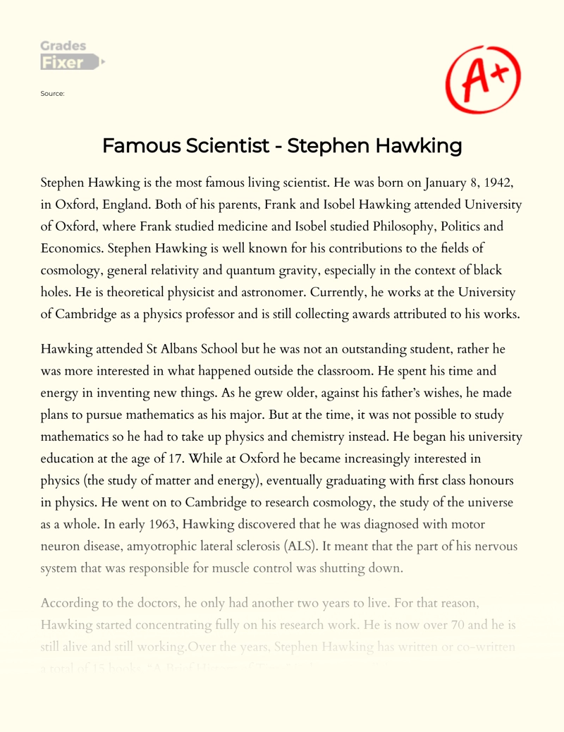 Famous Scientist - Stephen Hawking essay
