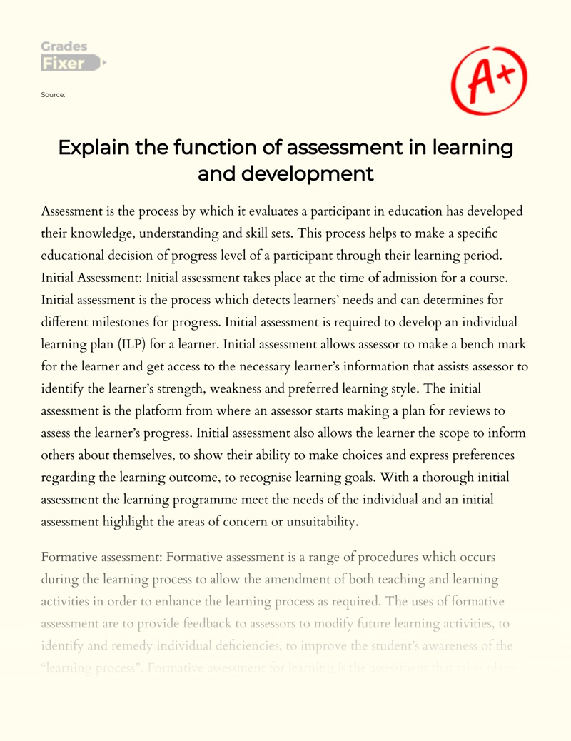 Explain The Function of Assessment in Learning and Development Essay