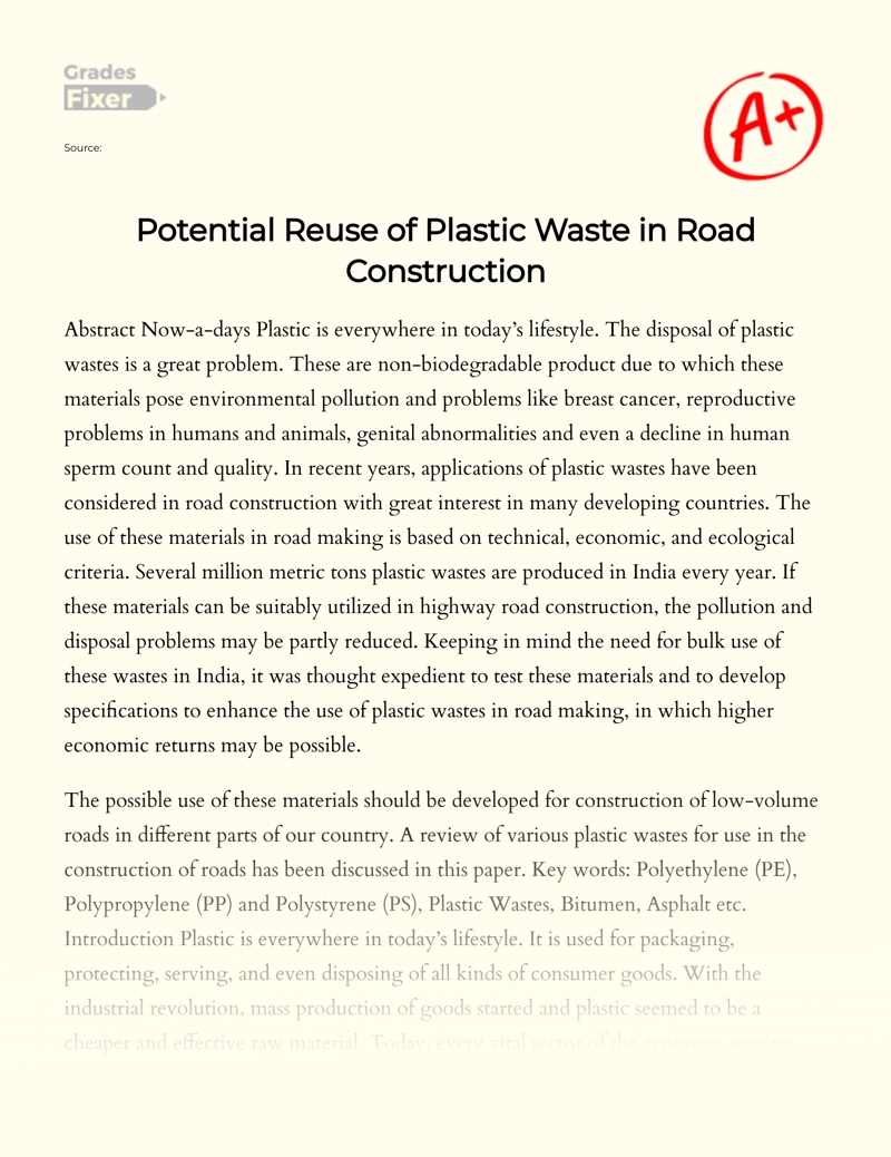 Potential Reuse of Plastic Waste in Road Construction essay