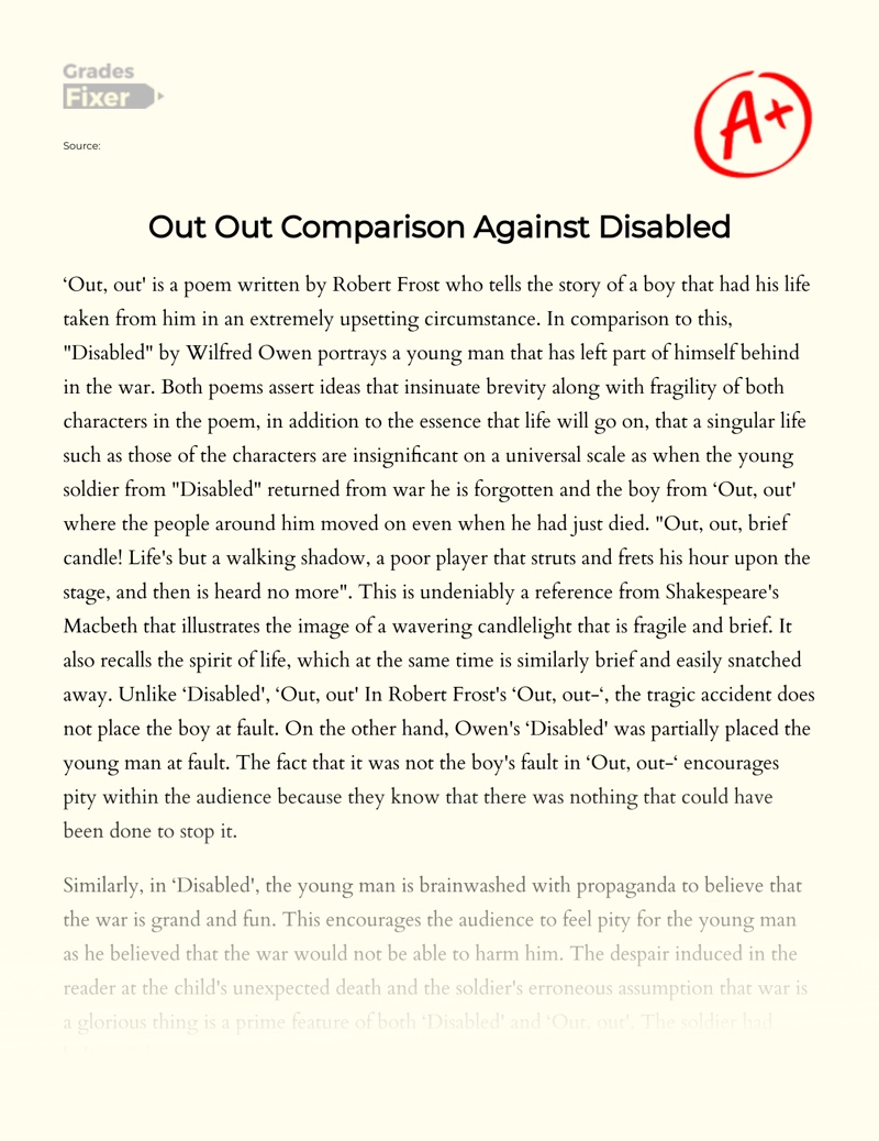 "Out Out" and "Disabled": Comparison of The Poems Essay