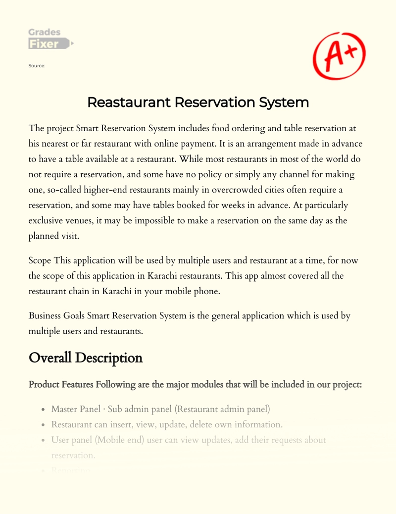 Reastaurant Reservation System Essay