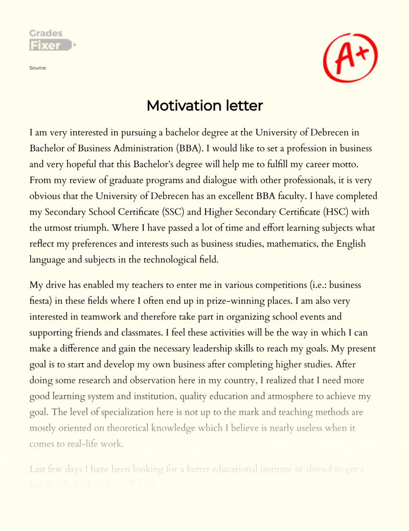 Motivation Letter (bachelor of Business Administration) essay