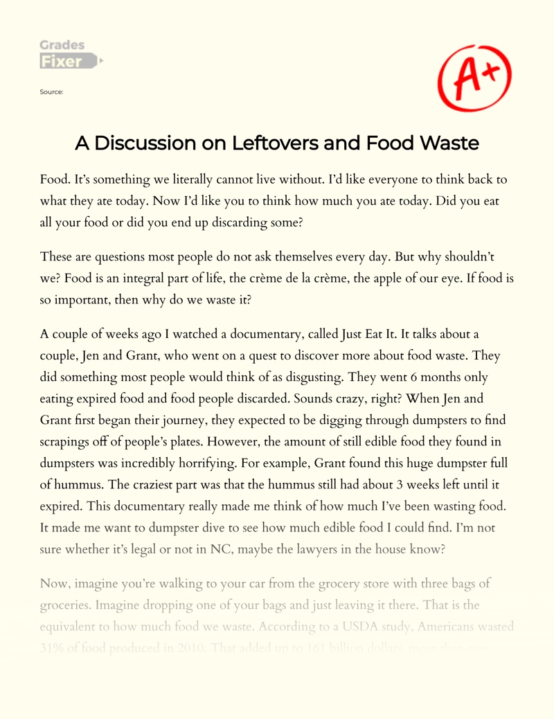 A Discussion on Leftovers and Food Waste essay