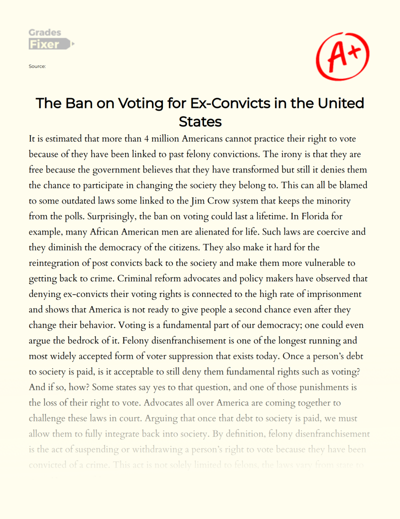 The Issue of Voting for Ex-convicts in The United States Essay