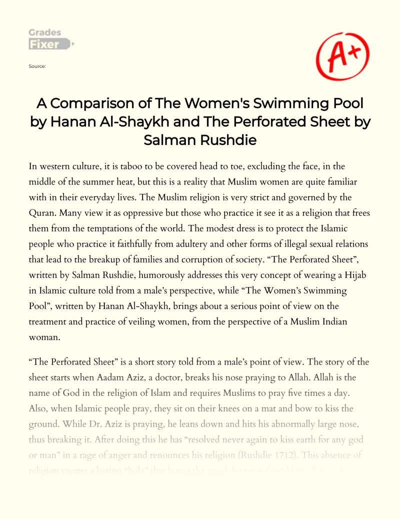 A Comparison of The Women's Swimming Pool by Hanan Al-shaykh and The Perforated Sheet by Salman Rushdie Essay