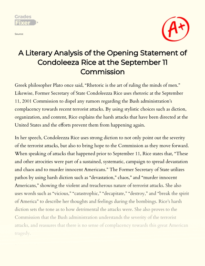 A Literary Analysis of The Opening Statement of Condoleeza Rice at The September 11 Commission Essay