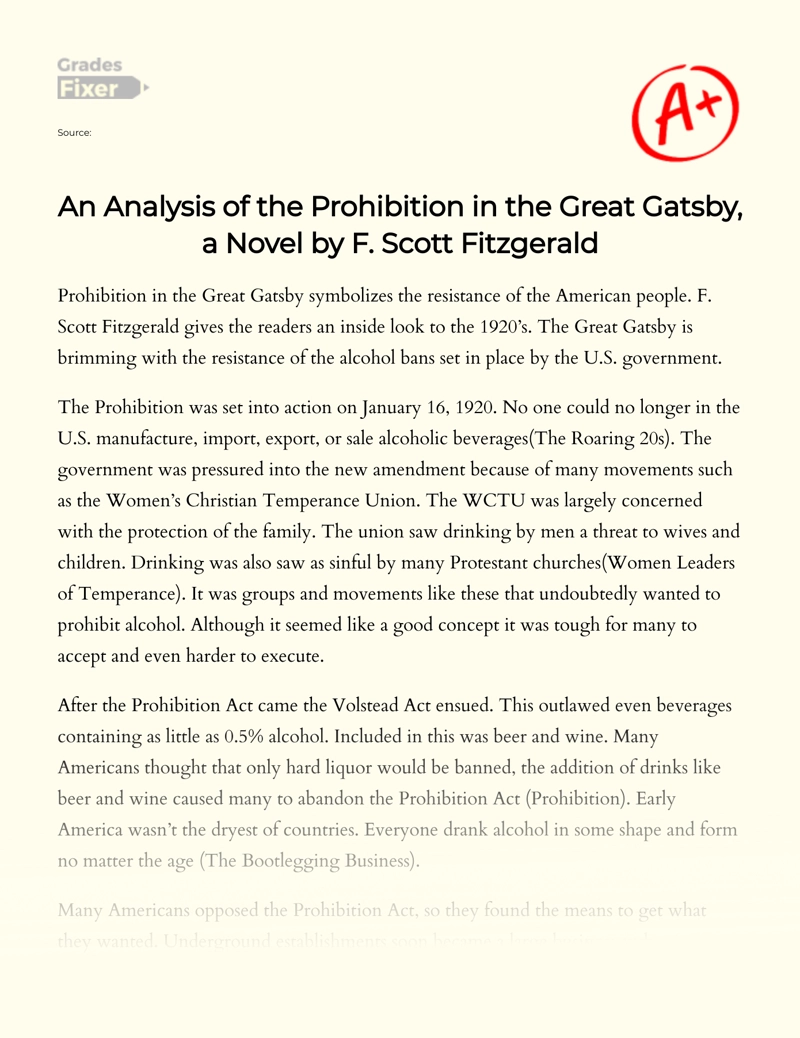 An Analysis of The Prohibition in The Great Gatsby, a Novel by F. Scott Fitzgerald Essay