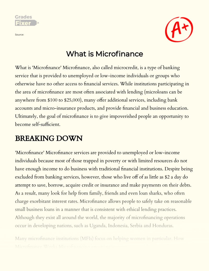 What is Microfinance Essay