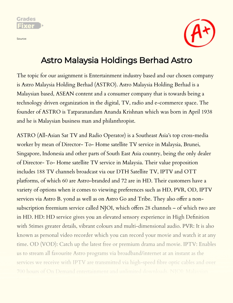 Astro Malaysia Holdings Berhad Astro Essay