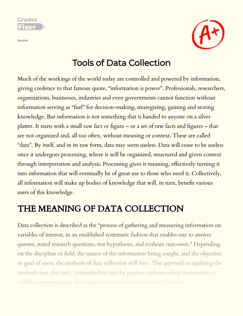 Tools of Data Collection  Essay