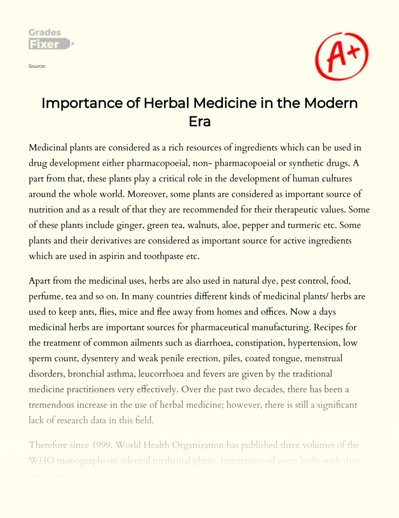 Importance of Herbal Medicine in The Modern Era Essay