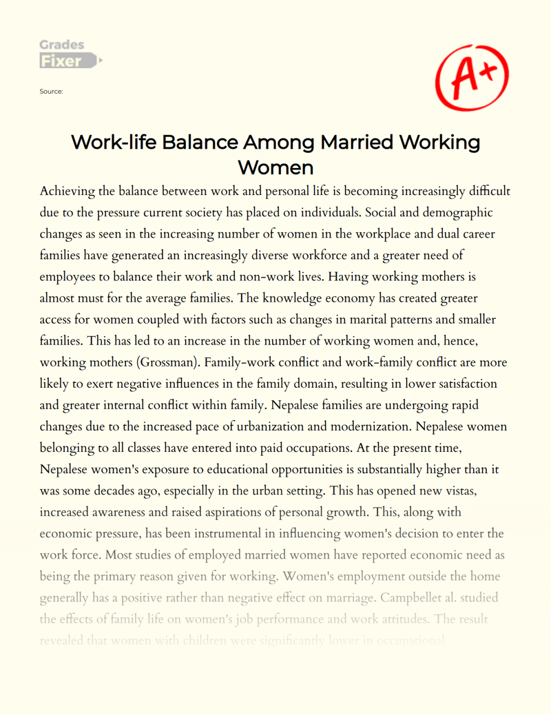 Work-life Balance Among Married Working Women Essay