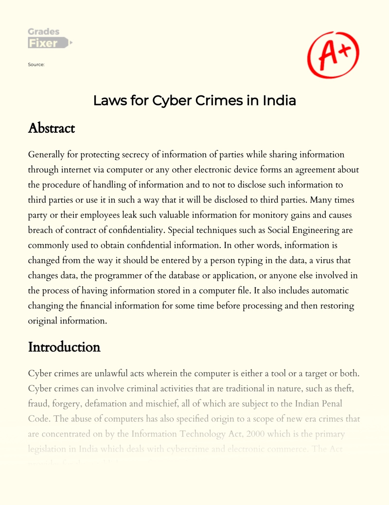 Laws for Cyber Crimes in India Essay