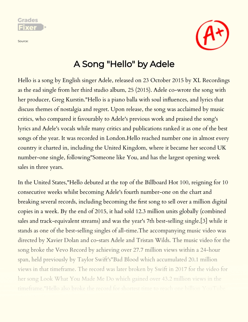 A Song "Hello" by Adele Essay