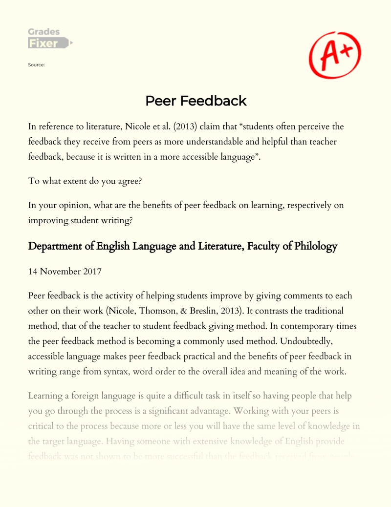 The Role of Peer Feedback in Writing Improvement Essay