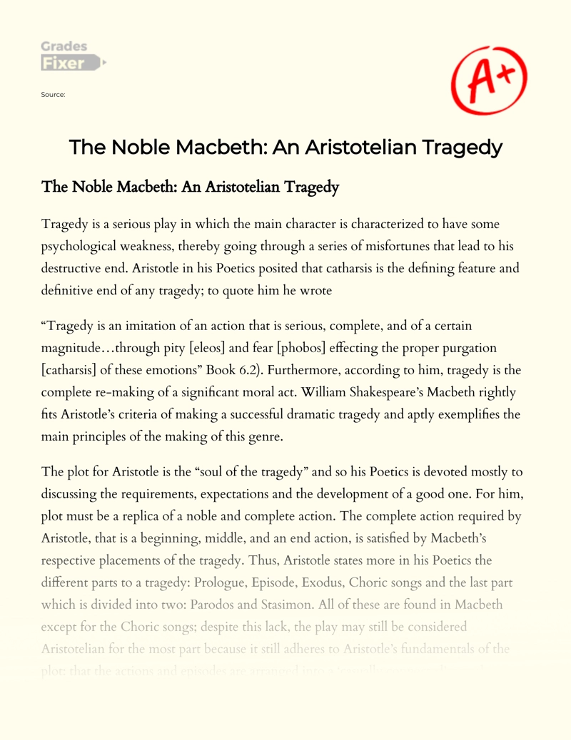 The Noble Macbeth: an Aristotelian Tragedy Essay