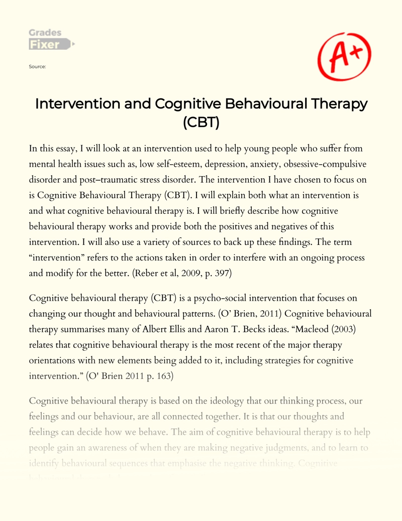Intervention and Cognitive Behavioural Therapy (cbt) Essay