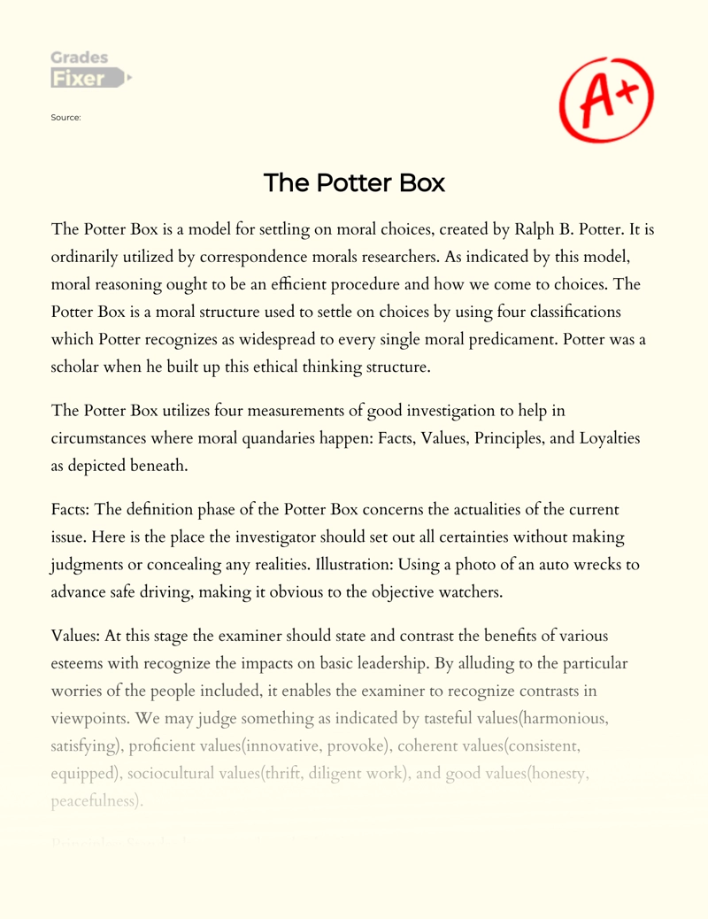 The Potter Box as a Model for Settling on Moral Choices by Ralph B. Potter essay
