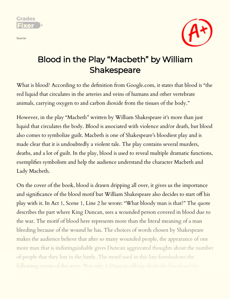 Blood in The Play "Macbeth" by William Shakespeare Essay