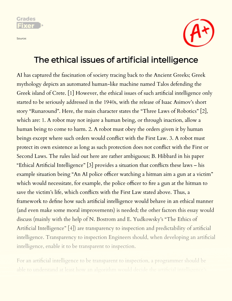 The Ethical Issues of Artificial Intelligence  essay