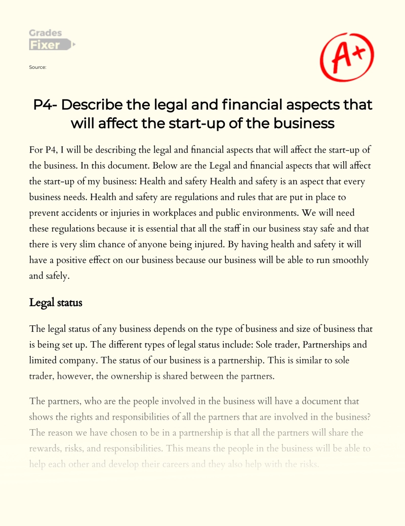 The Legal and Financial Aspects that Will Affect The Start-up of The Business Essay