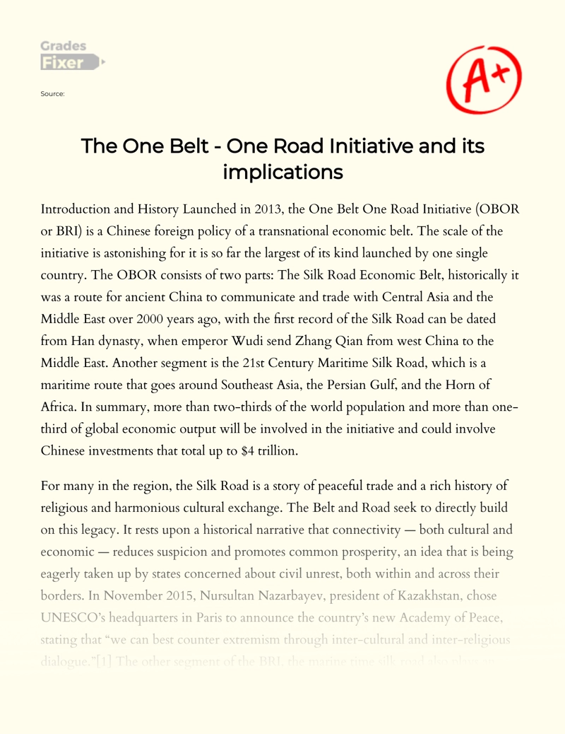 The One Belt - One Road Initiative and Its Implications Essay