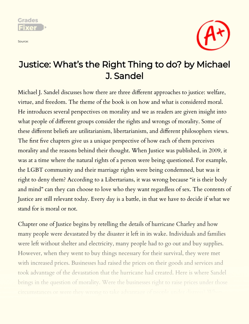 Justice: What’s The Right Thing to Do by Michael J. Sandel essay