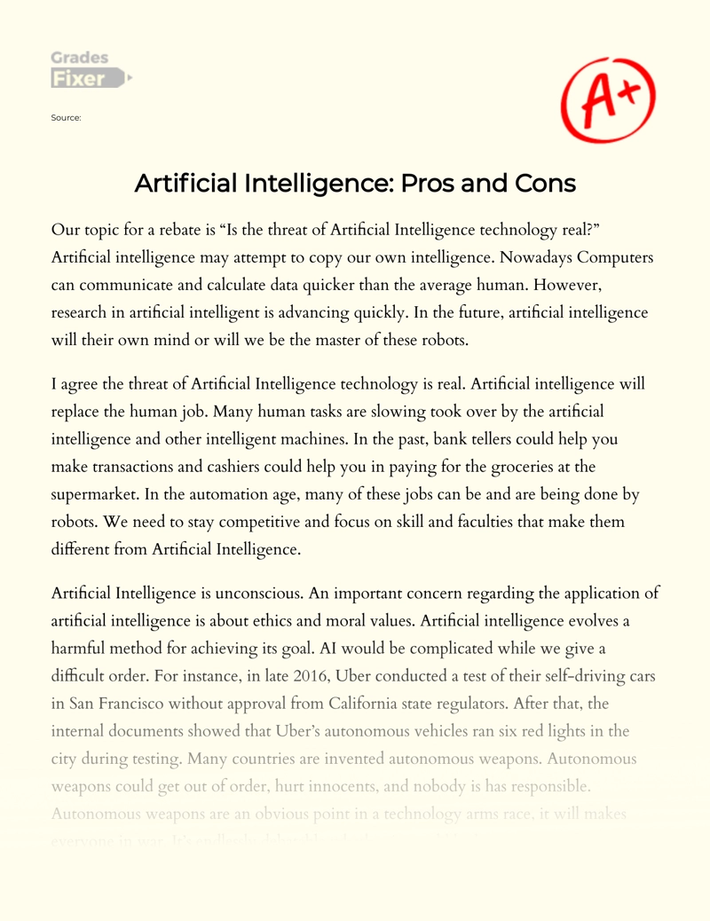 Artificial Intelligence: Pros and Cons Essay