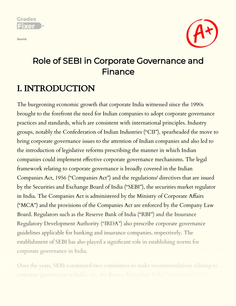 Role of Sebi in Corporate Governance and Finance essay