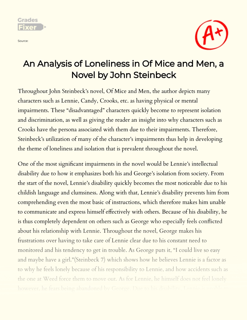 An Analysis of Loneliness in of Mice and Men, a Novel by John Steinbeck essay
